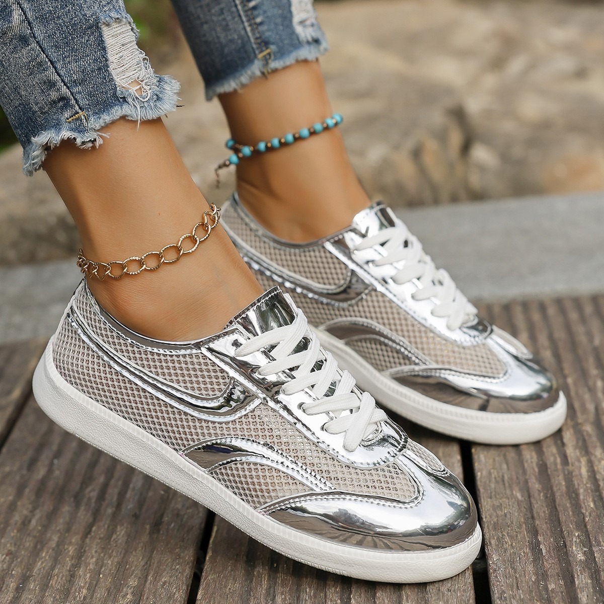 New Women's Sneakers Breathabl - Knit Fabric Lace Up Sneakers recension och pris
